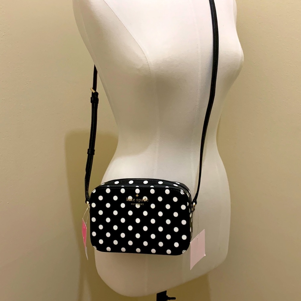 Kate Spade Saffiano leather black polka dots camera bag/cross body